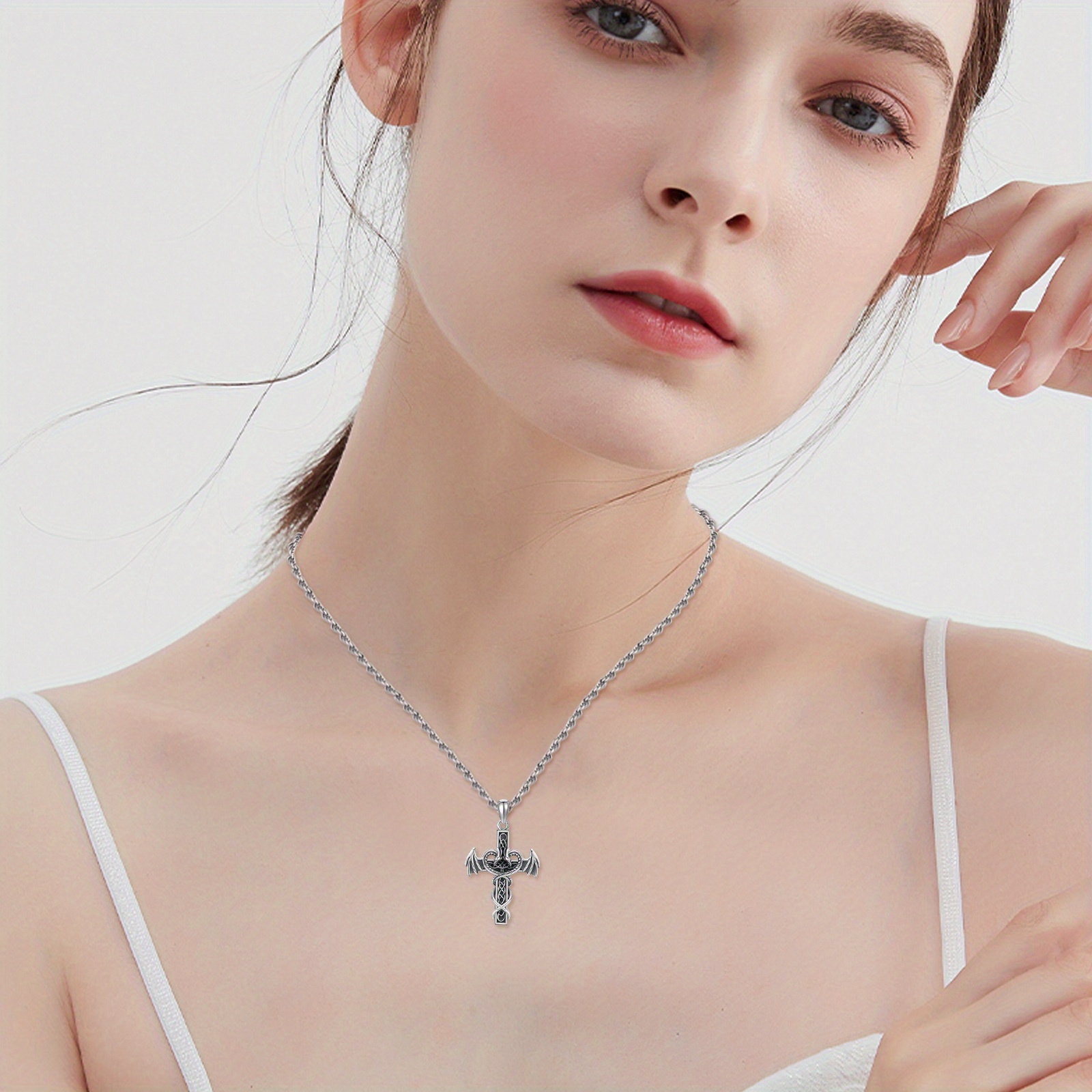 925 Sterling Silver Dragon Cross Pendant Necklace